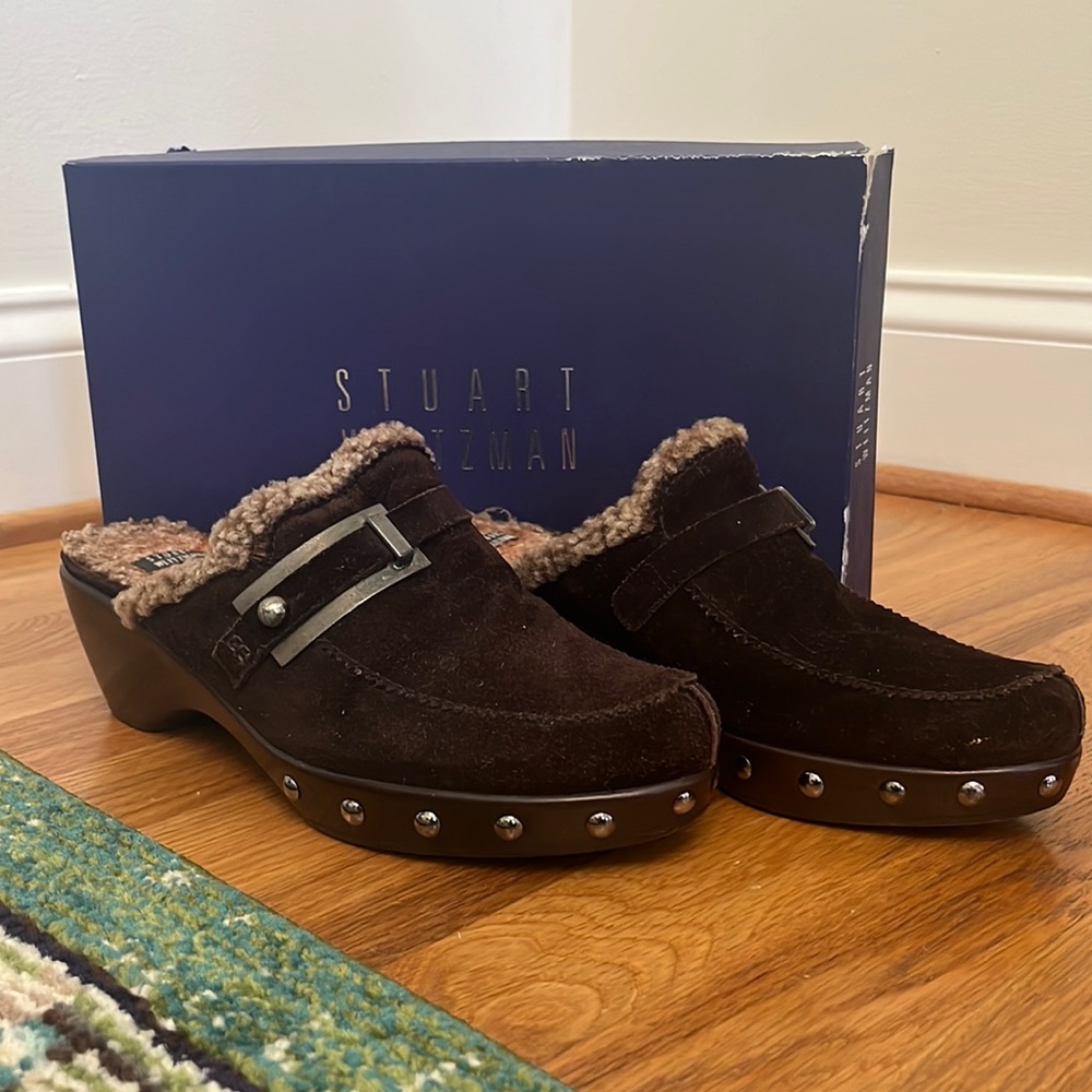 Stuart Weitzman fur-lined brown suede clogs